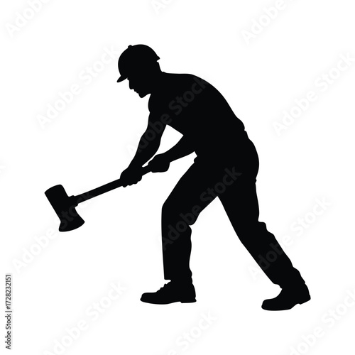 Silhouette of a lumberjack swinging an ax, preparing to chop wood, black and white, construction worker using sledgehammer silhouette vector illustration