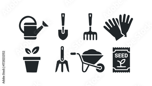 Gardening icons for planting and cultivating plants. Vector hand drawn illustration