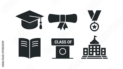 Graduation Icons Set Symbolizing Achievement and Education. Vector hand drawn illustration