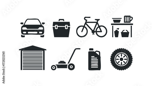 Collection of garage and vehicle maintenance icons. Vector hand drawn illustration
