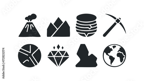 Geology icons volcano mountains stacked coins pickaxe diamond earth. Vector hand drawn illustration