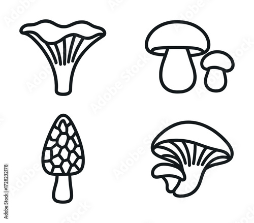 Four black and white mushroom icons featuring unique and distinct shapes