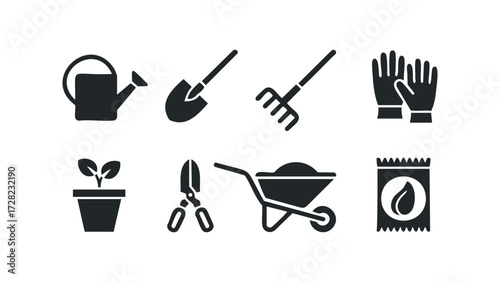 Gardening tool icons with watering can and seed packet. Vector hand drawn illustration