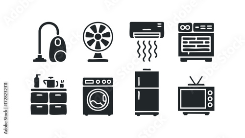 Set of black icons representing household appliances. Vector hand drawn illustration