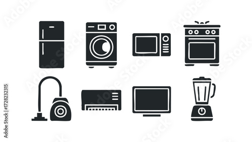 Set of eight household appliance icons. Vector hand drawn illustration