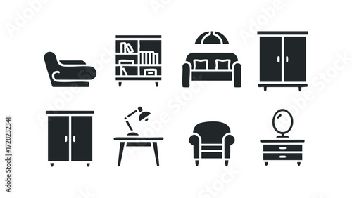 Set of furniture icons for home interior arrangement. Vector hand drawn illustration