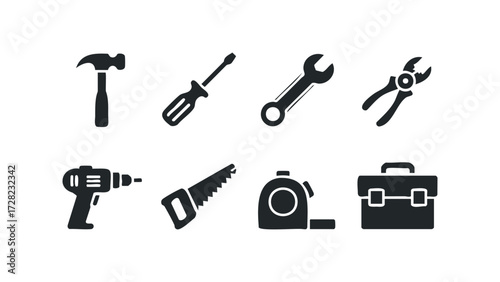 Collection of basic construction tools and toolbox icons. Vector hand drawn illustration