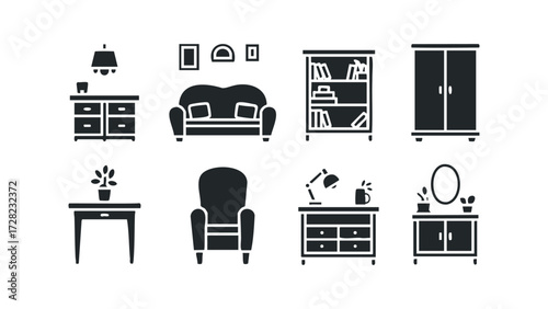 Collection of Silhouette Furniture Icons. Vector hand drawn illustration