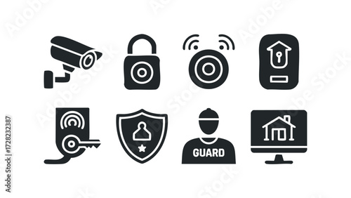 Security system icons including camera, lock, and guard. Vector hand drawn illustration