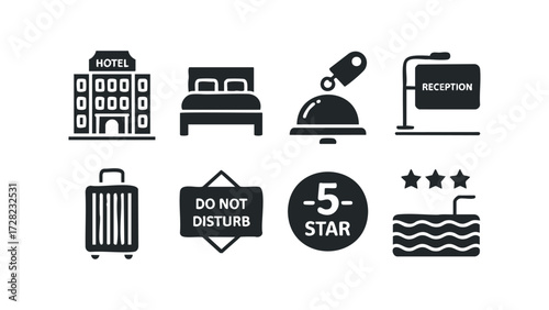 Hotel amenities icons including building, bed, and luggage. Vector hand drawn illustration