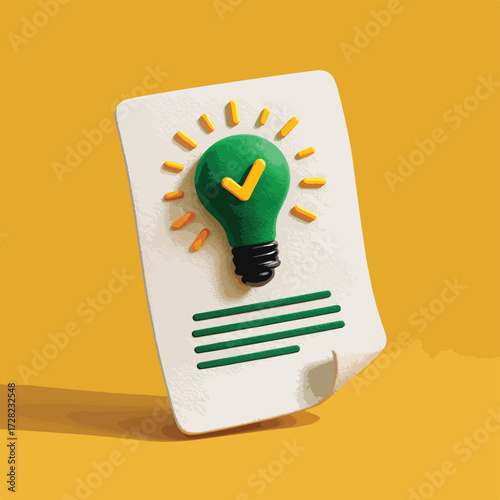 革新的なアイデアが具体化し、承認された計画として次のステップへ進む様子を、粘土細工のような温かい風合いで表現した、成功と創造性を象徴するビジュアル。