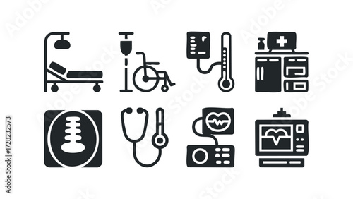 Medical and hospital icons featuring equipment and instruments. Vector hand drawn illustration