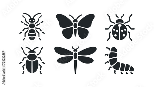 Six Black Insect Silhouettes on White Background. Vector hand drawn illustration