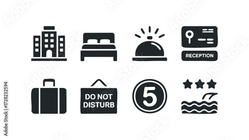 Hotel Icons Set With Building Bed Reception And Luggage. Vector hand drawn illustration