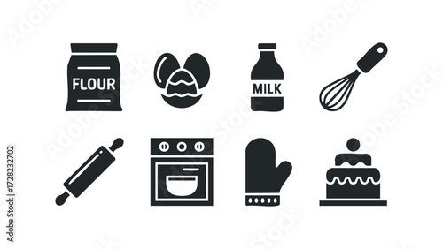 Baking ingredient and tool collection icons. Vector hand drawn illustration