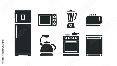 Set of kitchen appliances silhouette icons. Vector hand drawn illustration