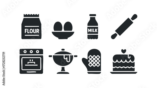 Baking ingredients and tools simple icons collection. Vector hand drawn illustration