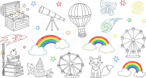 Vector art of adventure doodle icons including a treasure chest, telescope, and hot air balloon