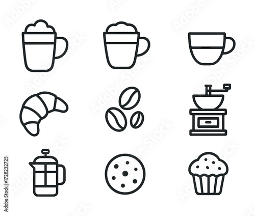 Coffee and bakery icons: mugs, grinder, french press, croissant, coffee beans, cookie, muffin