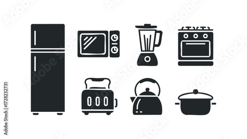 Collection of kitchen appliances and cookware icons. Vector hand drawn illustration