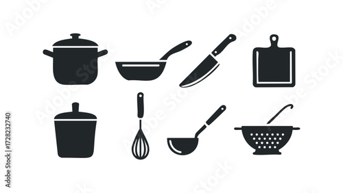 Collection of isolated kitchen utensil silhouettes on white background. Vector hand drawn illustration
