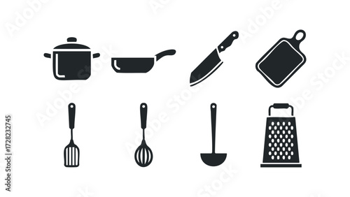 Set of kitchen utensils with cooking pot and knife. Vector hand drawn illustration