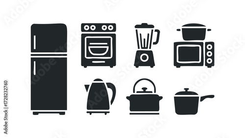 Collection of black kitchen appliance icons. Vector hand drawn illustration