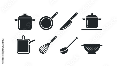 Collection of kitchen utensil icons with pots and pans. Vector hand drawn illustration