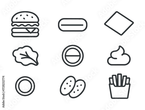 Minimalist fast food icons: burger, hot dog, fries, leaf, and sauce illustrations