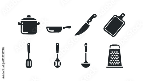 Collection of kitchen utensil icons. Vector hand drawn illustration
