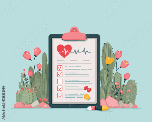 心拍数とチェックリストが描かれたクリップボードを中心に、自然の要素と薬が調和する健康管理のコンセプトを表現したベクターイラスト