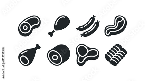 Collection of meat icons including steaks, chicken legs, and sausages. Vector hand drawn illustration
