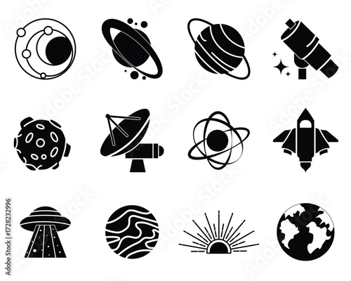 Astronomy line icon set. Space planet, Earth, moon, sun, galaxy, rocket astronaut, alien minimal vector illustrations.