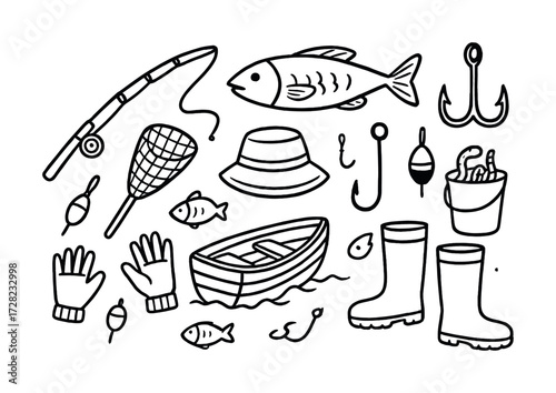 Fishing equipment and accessories outline: rods, hooks, boots, fish, boat, gloves