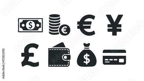 Set of currency symbols, credit card, wallet, and money bag icons. Vector hand drawn illustration