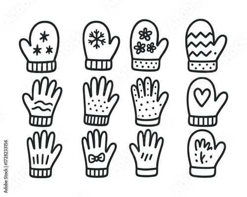 Collection of hand-drawn winter gloves and mittens with patterns
