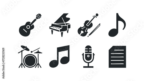 Collection of Black Musical Instrument Icons. Vector hand drawn illustration