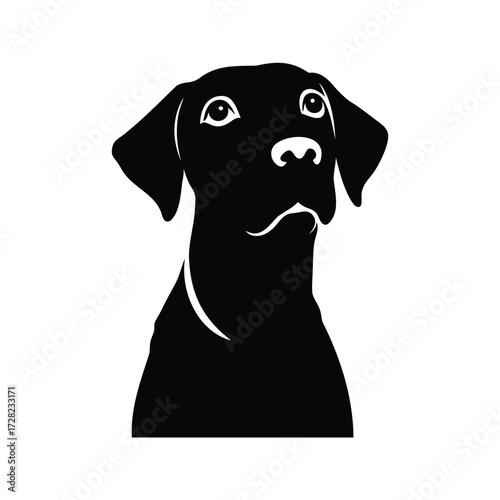 Black silhouette of a dog looking upwards with a curious expression on white, dog looking up silhouette vector illustration