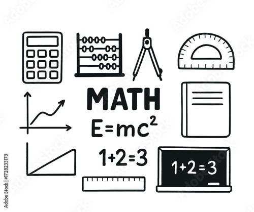 Mathematics icons: abacus, calculator, protractor, chalkboard, graphs, and equations