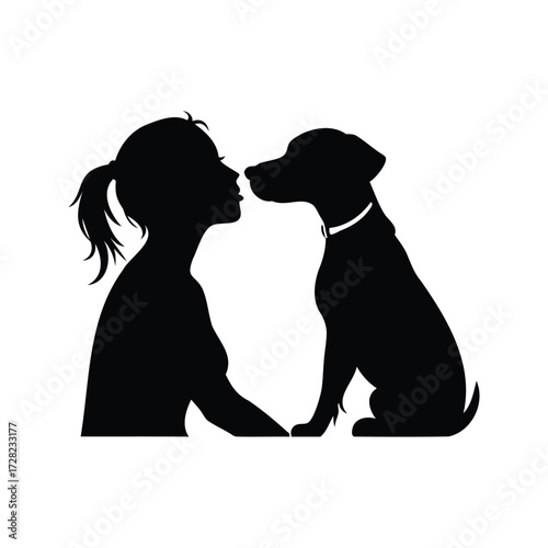 A girl and her dog sharing a loving moment in silhouette art, dog licking owner silhouette vector illustration