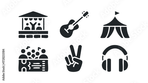 Festival Icons: Stage, Guitar, Tent, Crowd, Peace Sign, Headphones. Vector hand drawn illustration