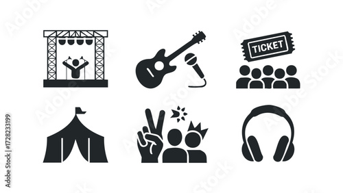 Music festival icons: stage, guitar, ticket, tent, crowd, headphones. Vector hand drawn illustration