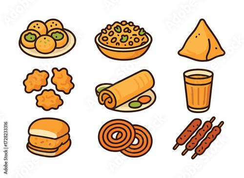 Indian snacks illustration featuring samosa, dosa, jalebi, pani puri, and more