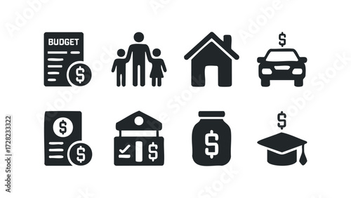 Financial Icons Family House Car Savings Education. Vector hand drawn illustration