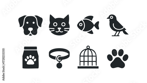 Collection of pet-related icons including animals and accessories. Vector hand drawn illustration