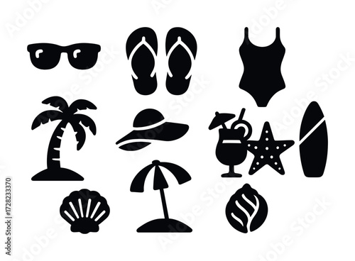 Summer icons: sunglasses, flip flops, swimsuit, palm tree, hat, cocktail, surfboard