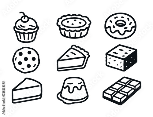 Assorted desserts: cupcake, pie, donut, cookie, cake, brownie, chocolate bar, and more