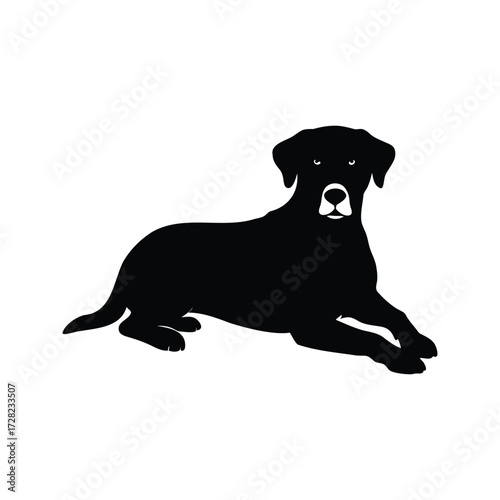 Elegant black Labrador silhouette resting against a pure white background illustration, dog resting silhouette vector illustration