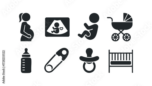 Pregnancy Ultrasound Baby Bottle Pacifier Crib Stroller Safety Pin Icons. Vector hand drawn illustration