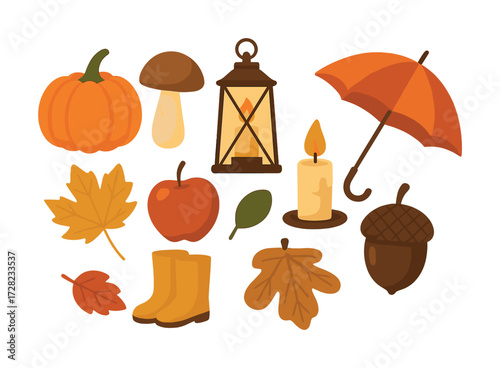 Autumn elements collection: pumpkin, lantern, umbrella, leaves, and more
